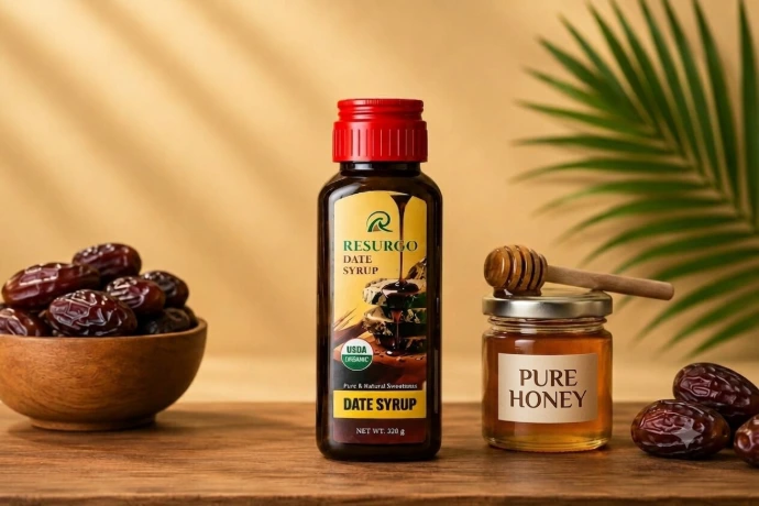 Resurgo Date Syrup bottle next to pure honey and fresh dates