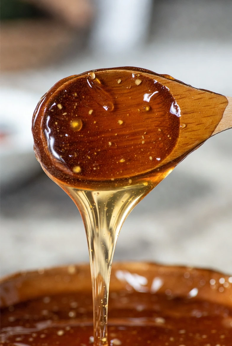 Close-up of golden honey slowly dripping from a wooden spoon into a transparent glass cup of herbal tea, evoking natural remedies, wellness, and healthy lifestyle