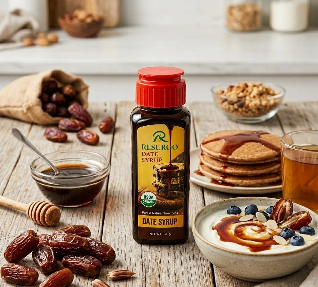 Resurgo Date Syrup with healthy breakfast – pancakes, yogurt, and fresh dates