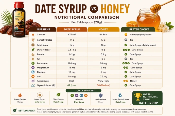 Date Syrup vs Honey nutritional comparison infographic showing calories, sugar, fiber, minerals, antioxidants, and glycemic index per tablespoon