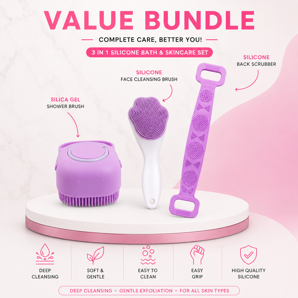3 in 1 Silicone Bath & Skincare Value Bundle – Shower Brush, Back Scrubber & Face Cleansing Brush Set
