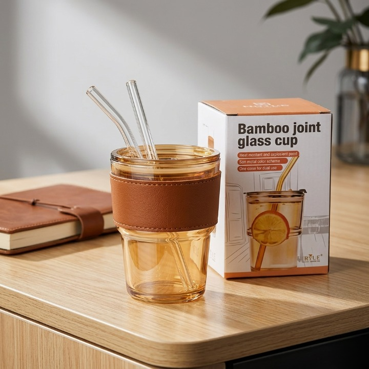 Premium Amber Glass Coffee Tumbler – Travel Mug with Leather Heat Sleeve, Glass Straw (400ml)